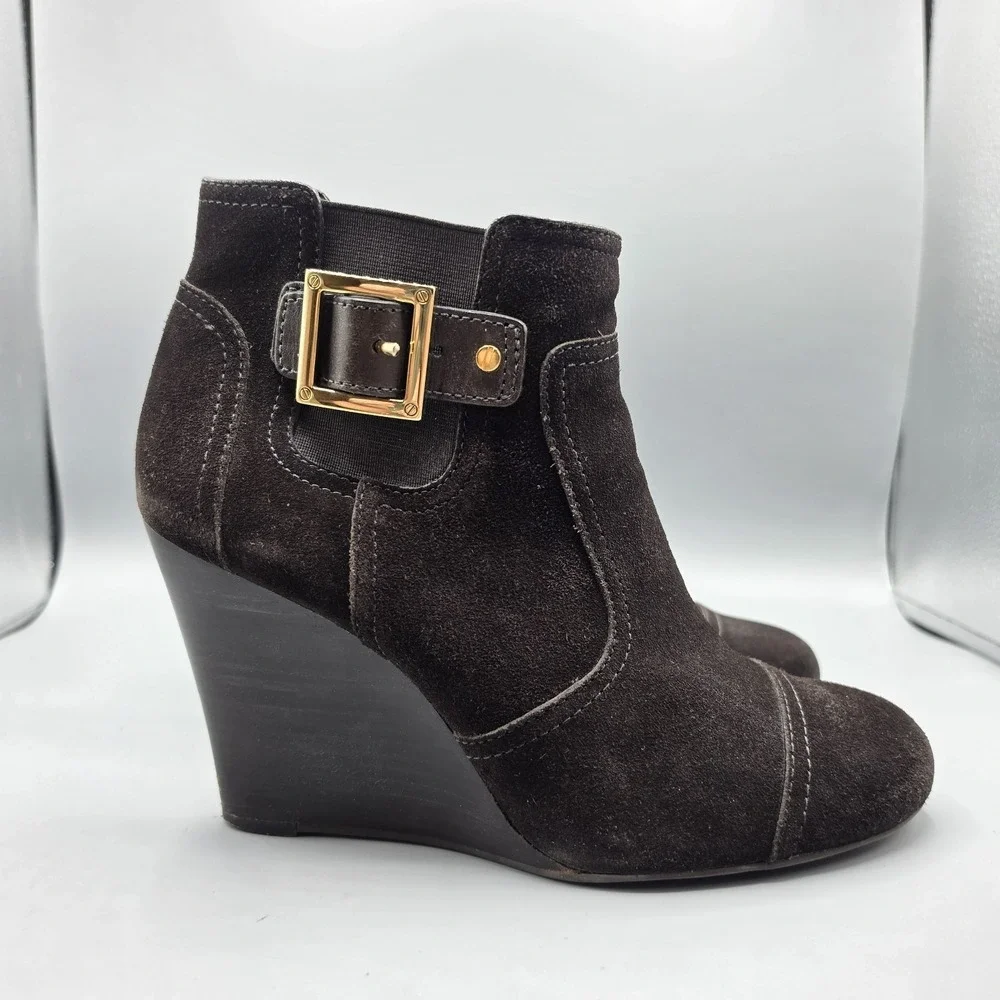 Tory Burch Deanna Booties‎ Womens 10.5 Brown Suede Distressed Wedge Buckles